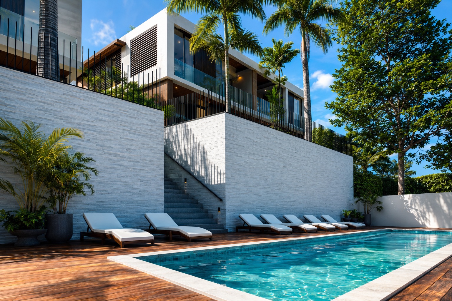 A condominium pool terrace in afternoon sun, the residences rising behind a white stone wall