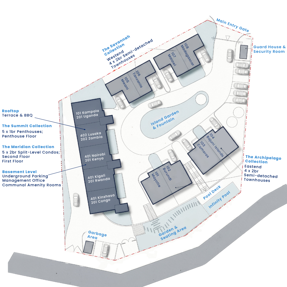 Karibu Condominiums master site plan: the Southend building, The Savannah and Archipelago townhouses, infinity pool, island garden and fountain, guard house, and main entrance.