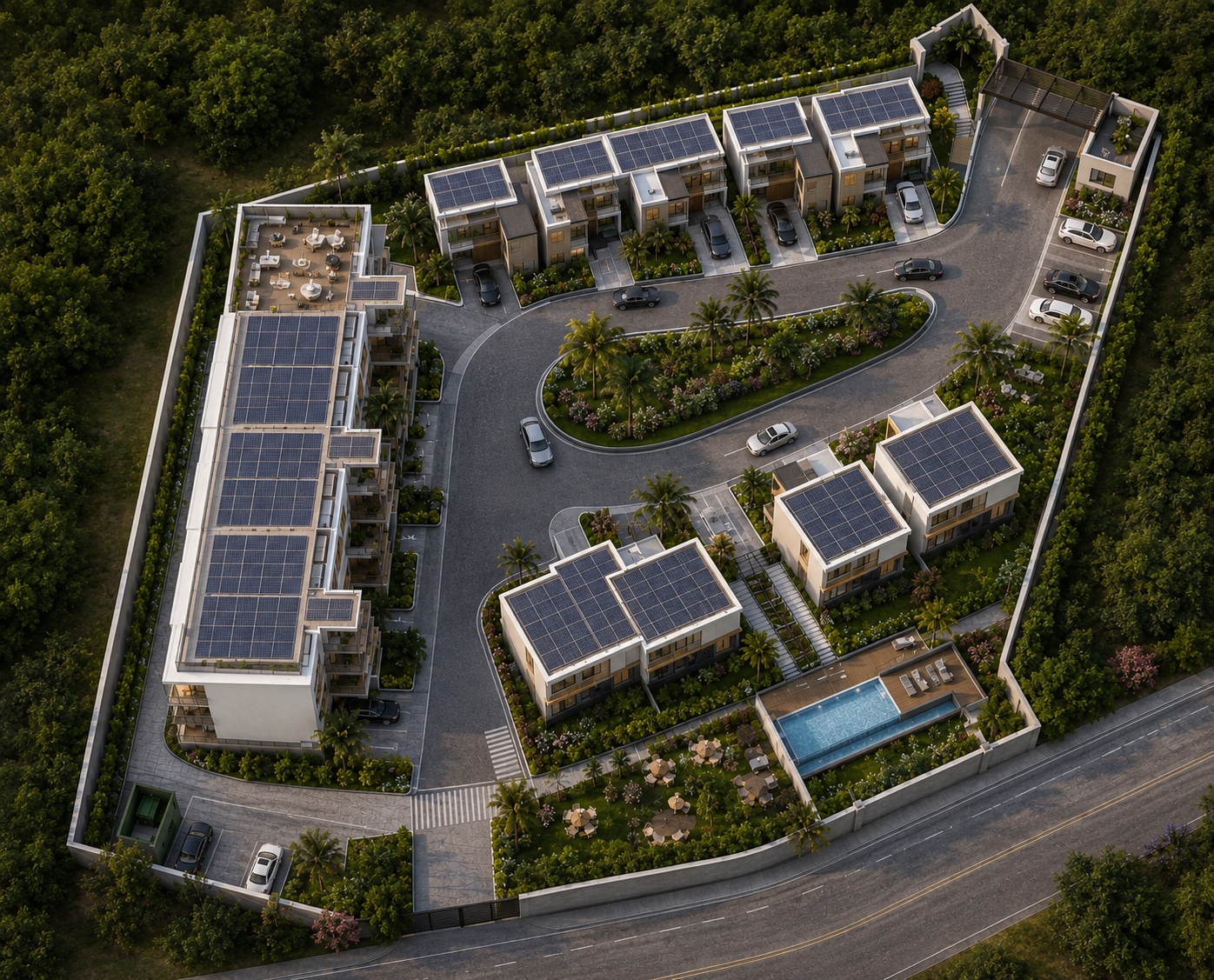 Photorealistic aerial master plan of Karibu Condominiums showing the apartment building, eight townhouses, central island garden, infinity pool, rooftop terrace, entrance gate, parking and landscaped communal areas.